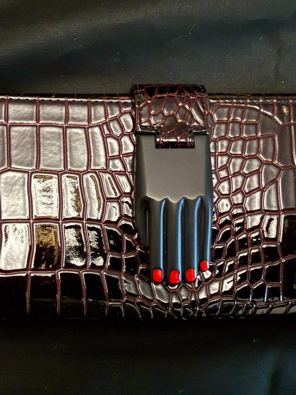 Opening Ceremony Hand Clasp Croc Embossed Patent Leather Wallet Burgundy